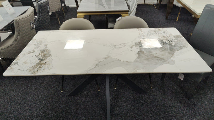 Phoenix 180cm White Ceramic Marble Dining Table With Grey Velvet Black Ring Chairs