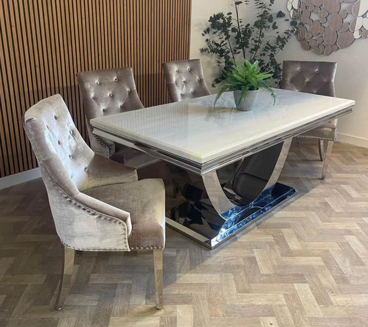 Arial 200cm White Marble Dining Table + Champagne Knocker Plush Velvet Chairs