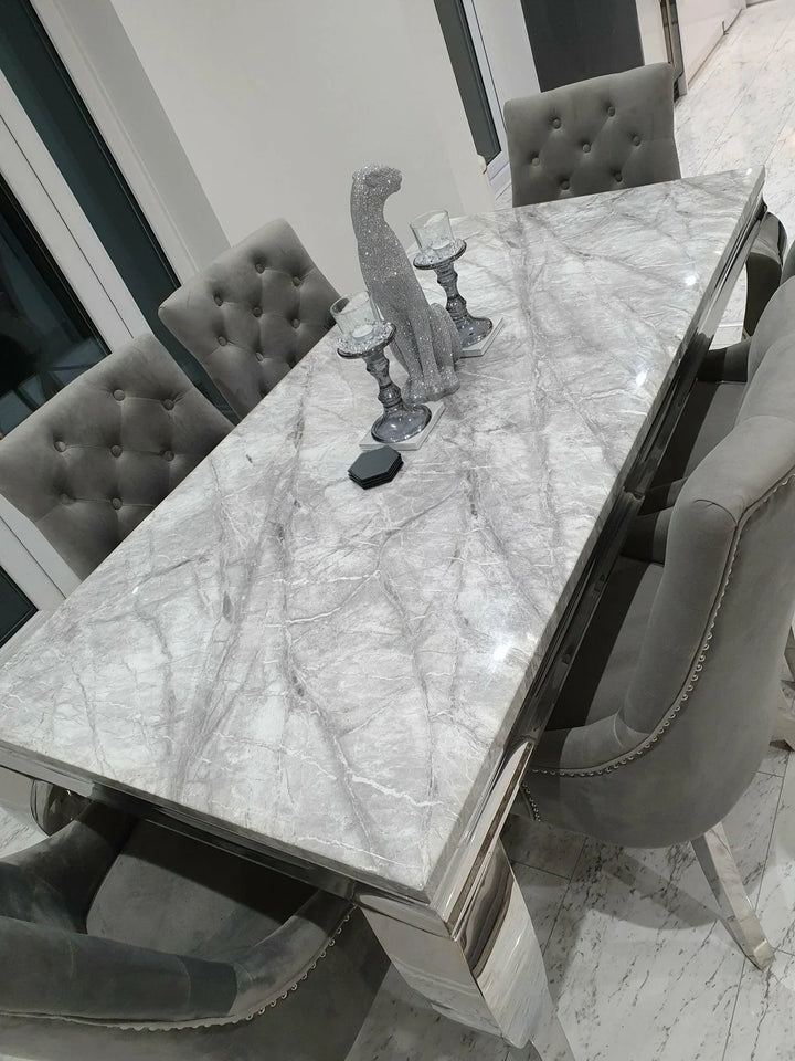 Louis Marble & Chrome Dining Table With Chrome Ring Knocker Velvet Chairs