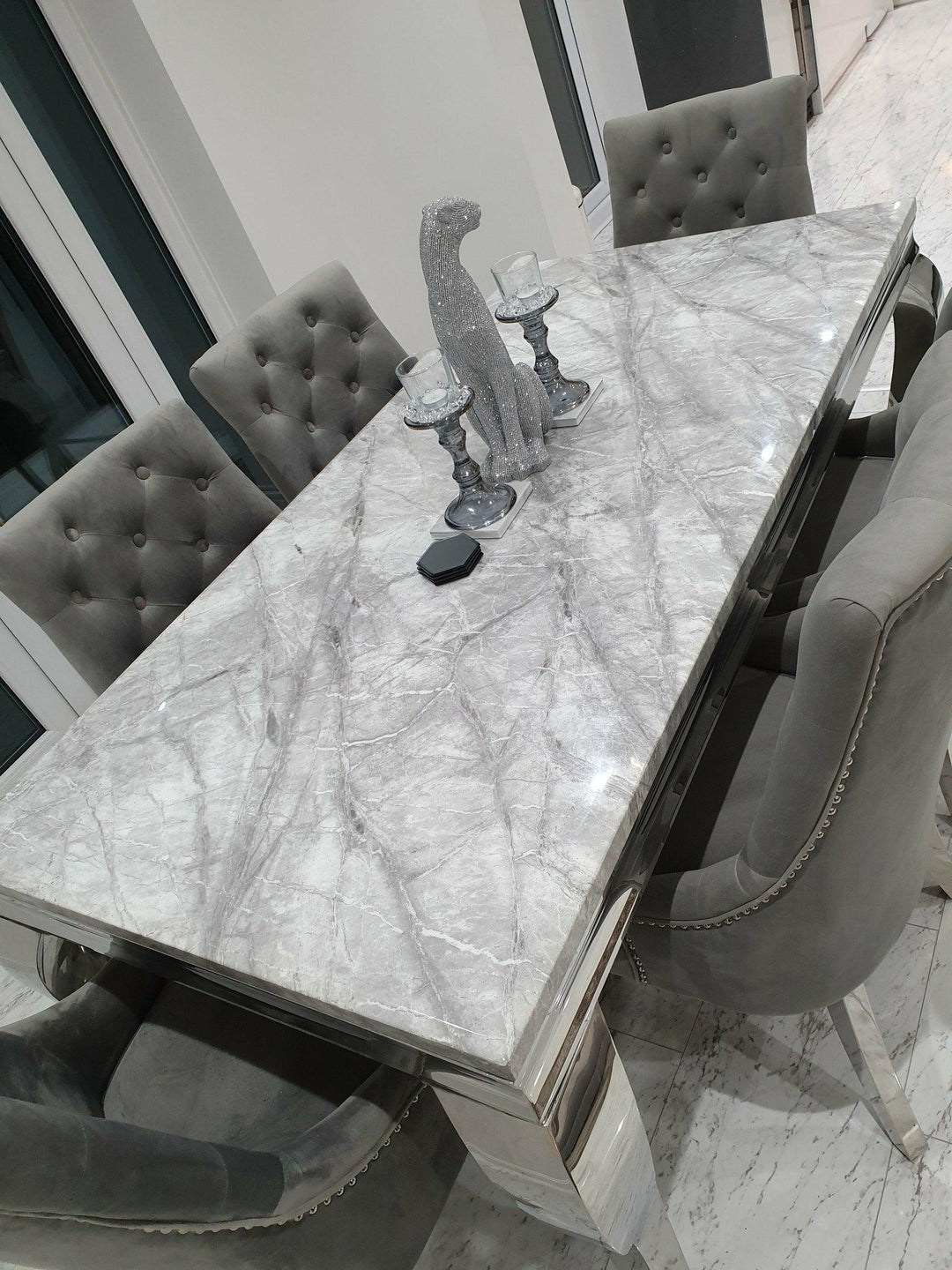 Louis Grey Marble 200CM Dining Table + Grey Lion Chairs, Bench Option-Esme Furnishings