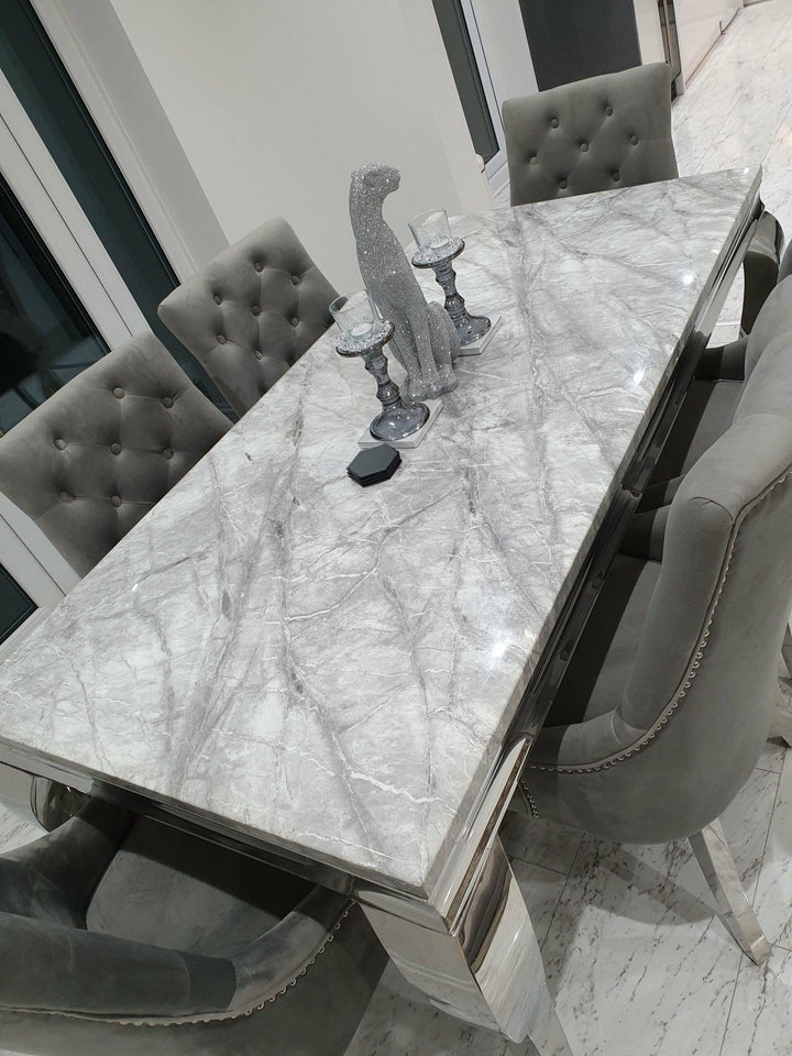 Louis Grey Marble 200CM Dining Table + Grey Lion Chairs, Bench Option-Esme Furnishings