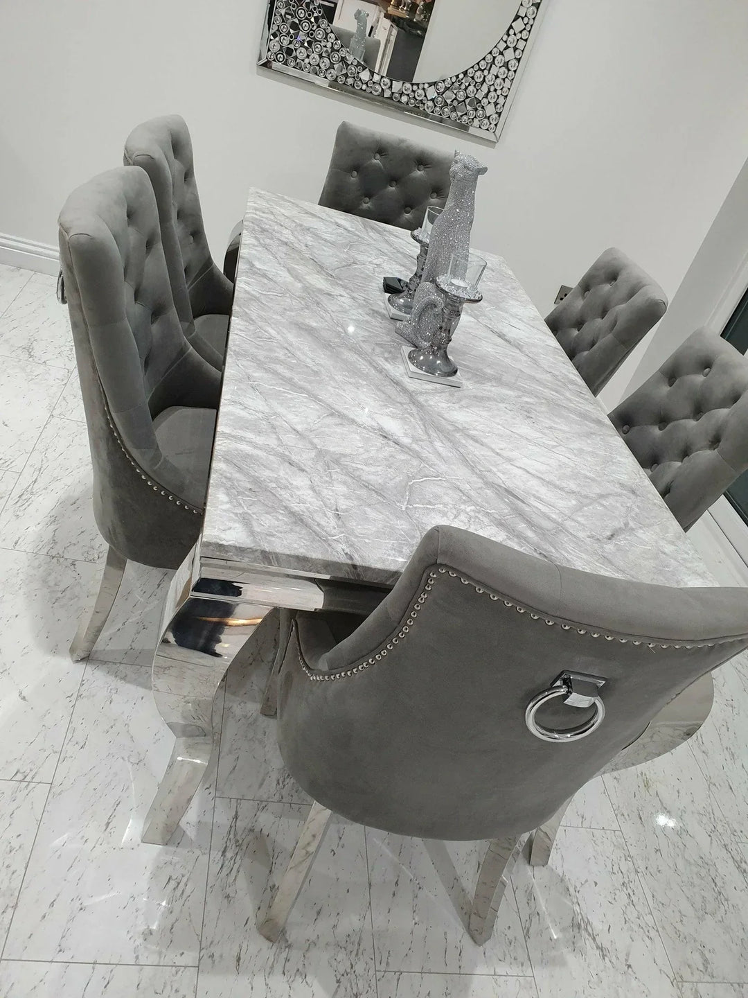 Louis Marble & Chrome Dining Table With Chrome Ring Knocker Velvet Chairs