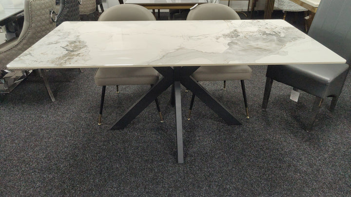 Phoenix 180cm White Ceramic Marble Dining Table With Grey Velvet Black Ring Chairs