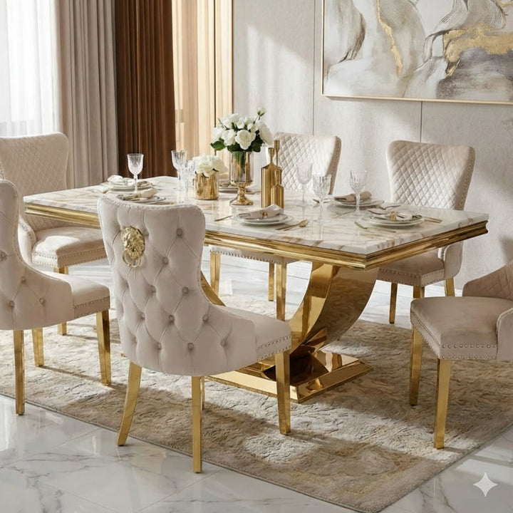 Arial Marble & Gold Dining Table With Victoria Quilted Lion Knocker Dining Chairs Gold Legs