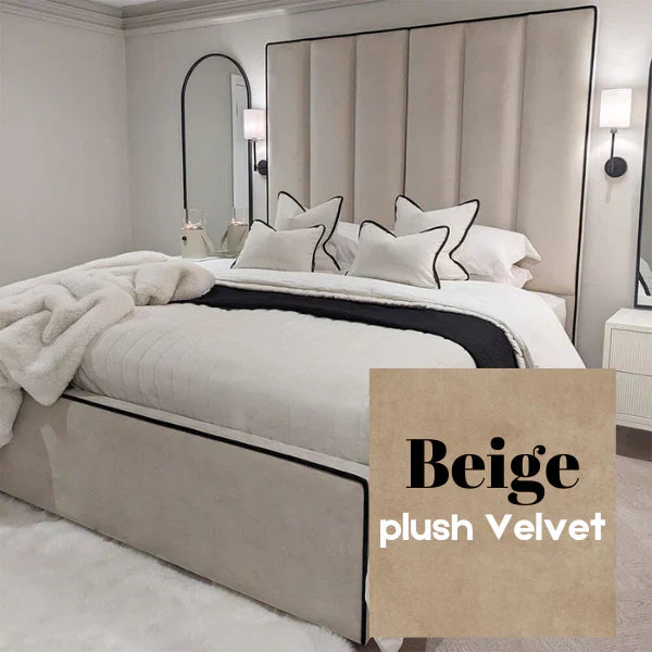 The Wenger Panel Upholstered Plush Velvet Black Piping Bed Frame