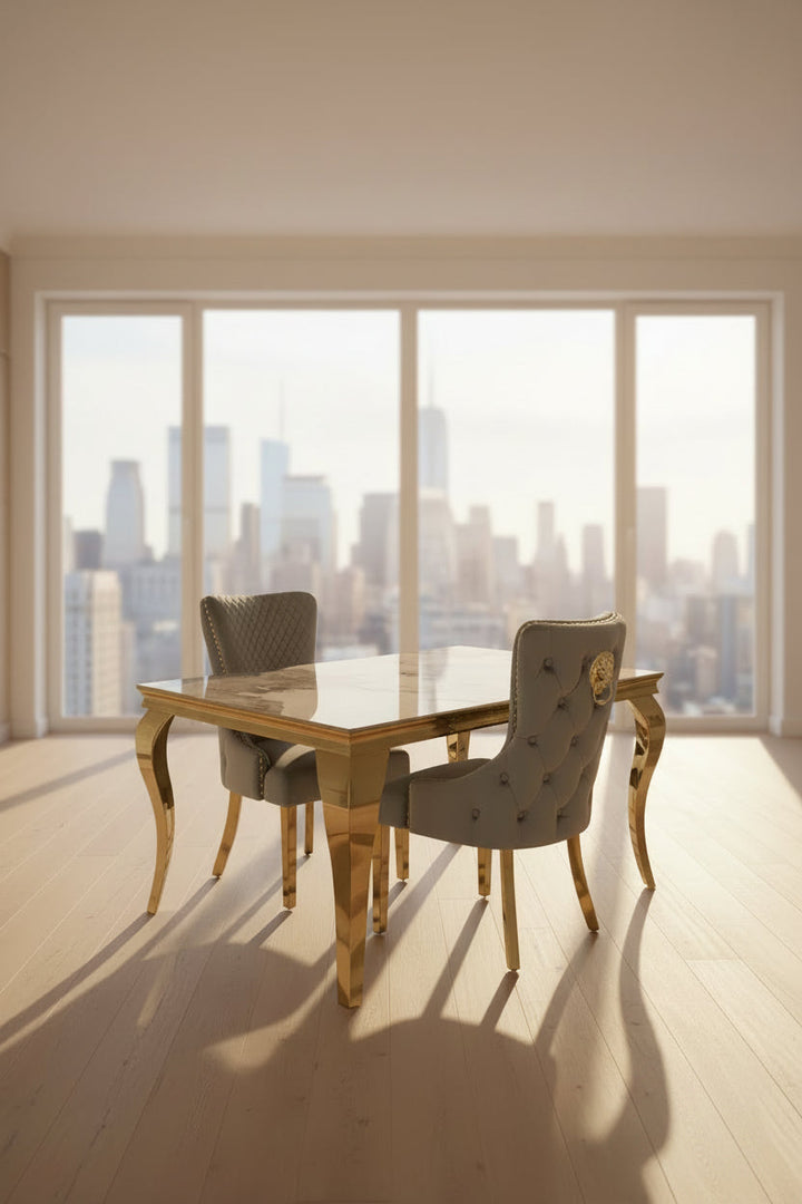Louis Pandora Gold Marble Dining Table With Victoria Shimmer Velvet Lion Knocker Velvet Chairs