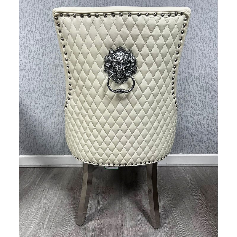 Majestic PU Lion Knocker Quilted PU Cream White Leather Dining Chair Chrome Legs