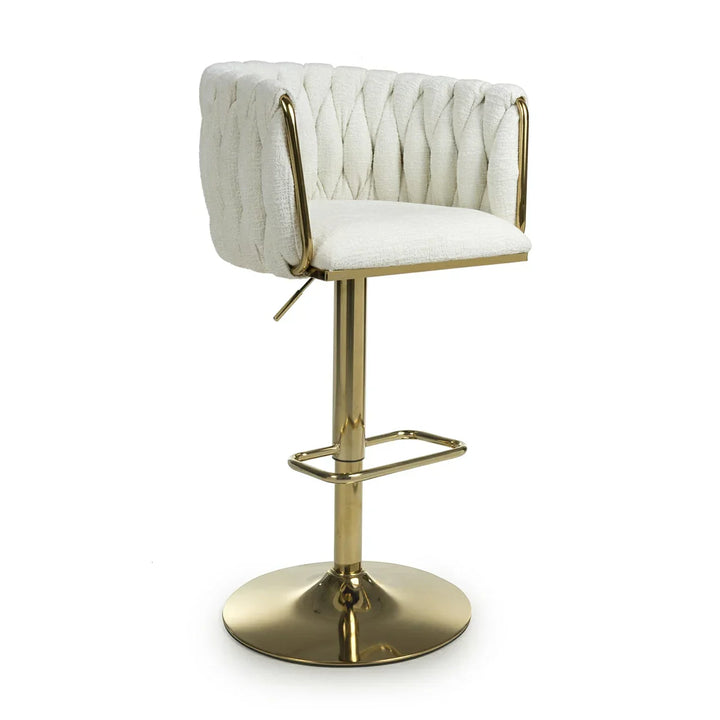 Lorne Luxury Cream & Gold Linen Fabric Bar Stool Adjustable Gold Legs
