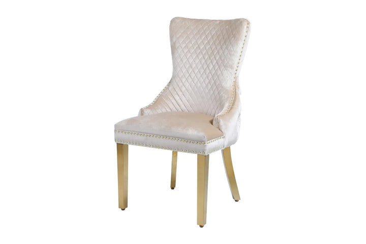 Louis Gold & White Marble Dining Table With Cream & Gold Ring Knocker Dining Chairs
