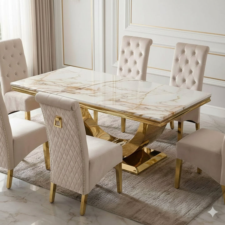 Arial Marble & Gold Dining Table With Lucy Ring Knocker Dining Chairs Gold Legs