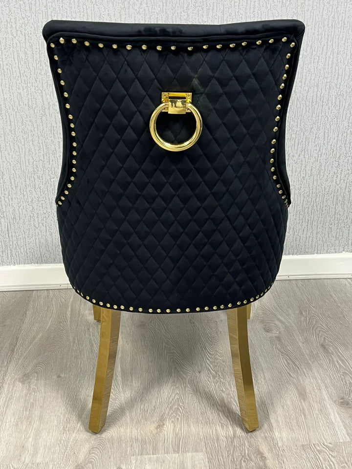 Louis Gold Round Black Marble 110cm Dining Table + Black Gold Ring Knocker Velvet Dining Chairs