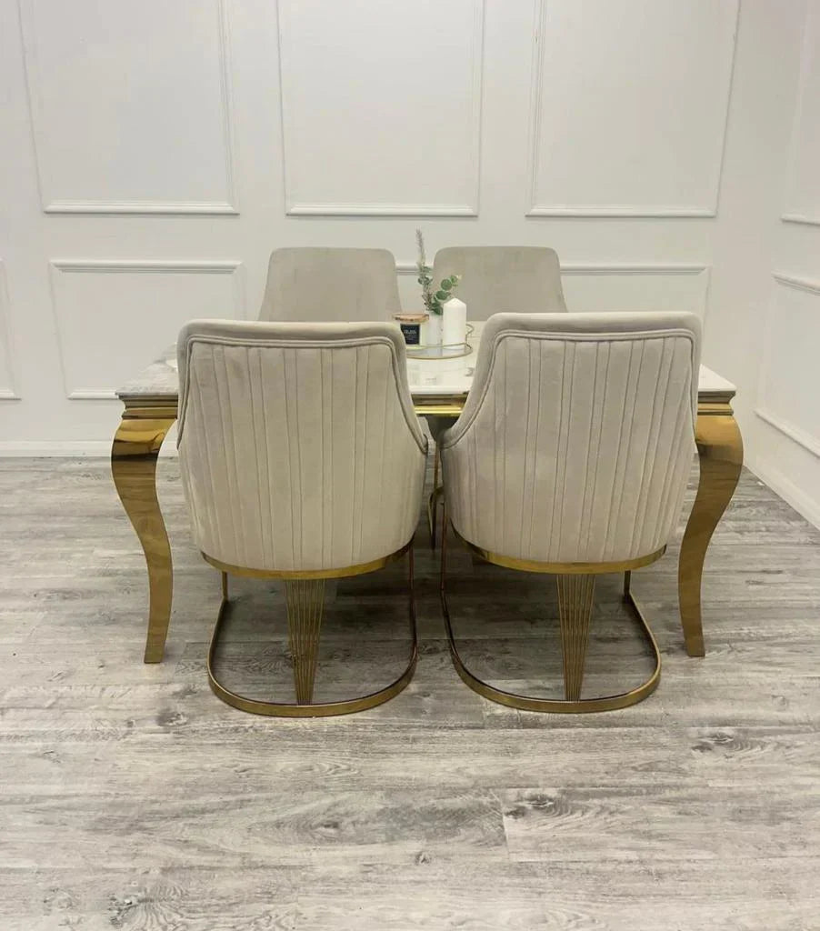 Louis Marble & Gold Dining Table With Carlton Cream/Gold Velvet Chairs