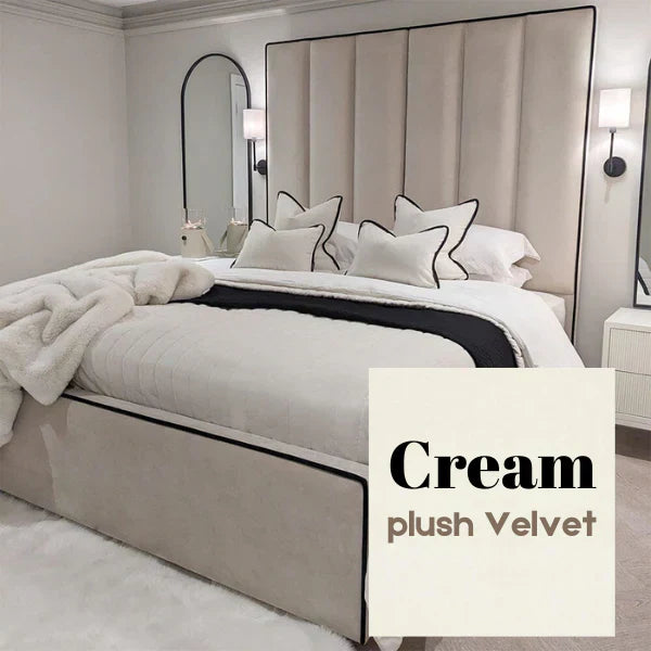 The Wenger Panel Upholstered Plush Velvet Black Piping Bed Frame