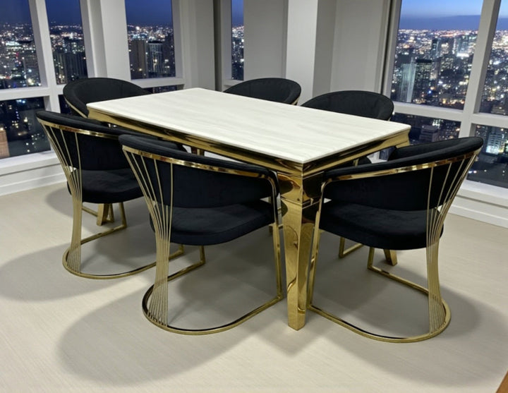 Louis Marble & Gold Dining Table With Porto Gold Leathaire Fabric Chairs Gold Legs