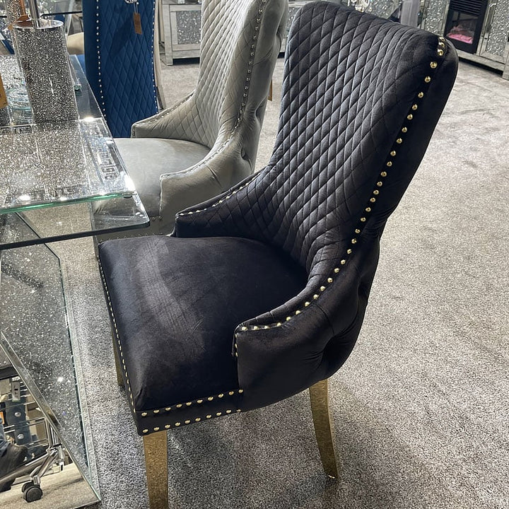 Louis Grey Gold Marble Dining Table With Victoria Shimmer Velvet Lion Knocker Velvet Chairs