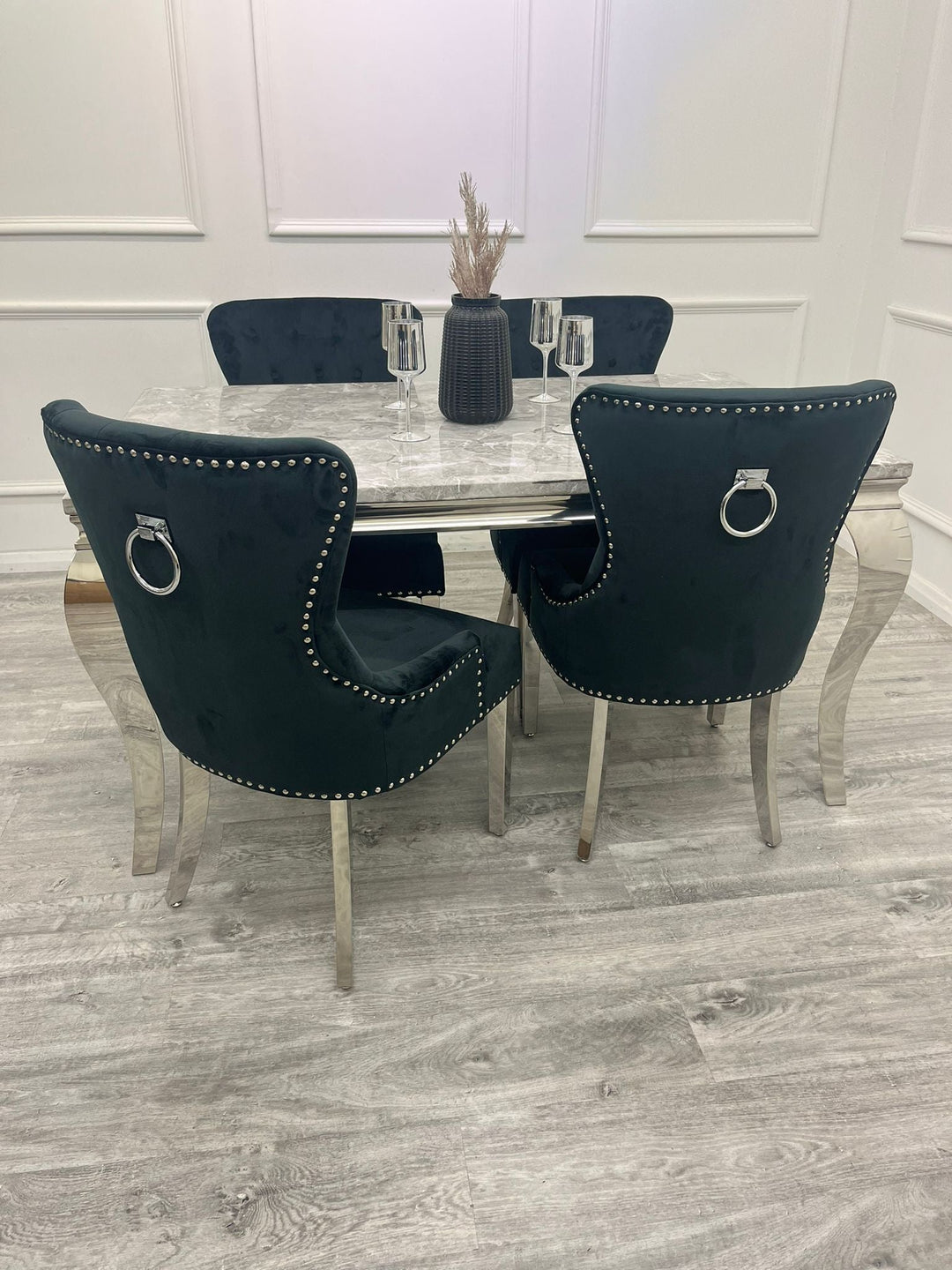 Louis Marble & Chrome Dining Table With Megan Chrome Ring Knocker Velvet Chairs