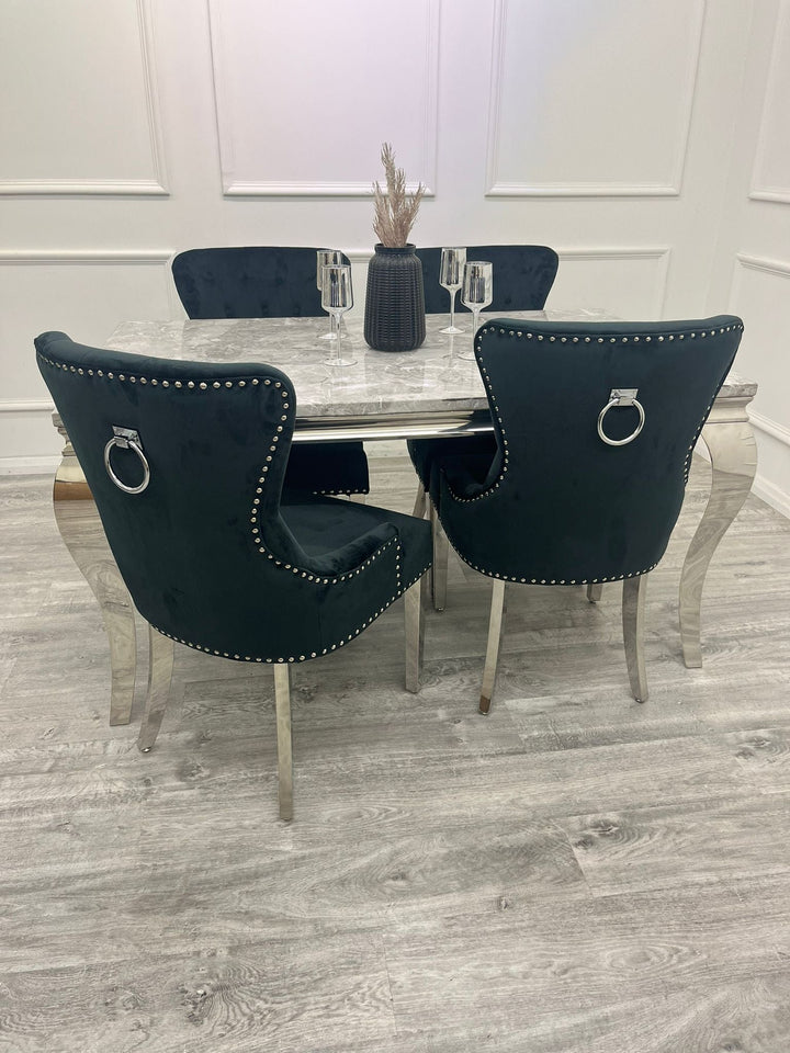 Louis Marble & Chrome Dining Table With Megan Chrome Ring Knocker Velvet Chairs