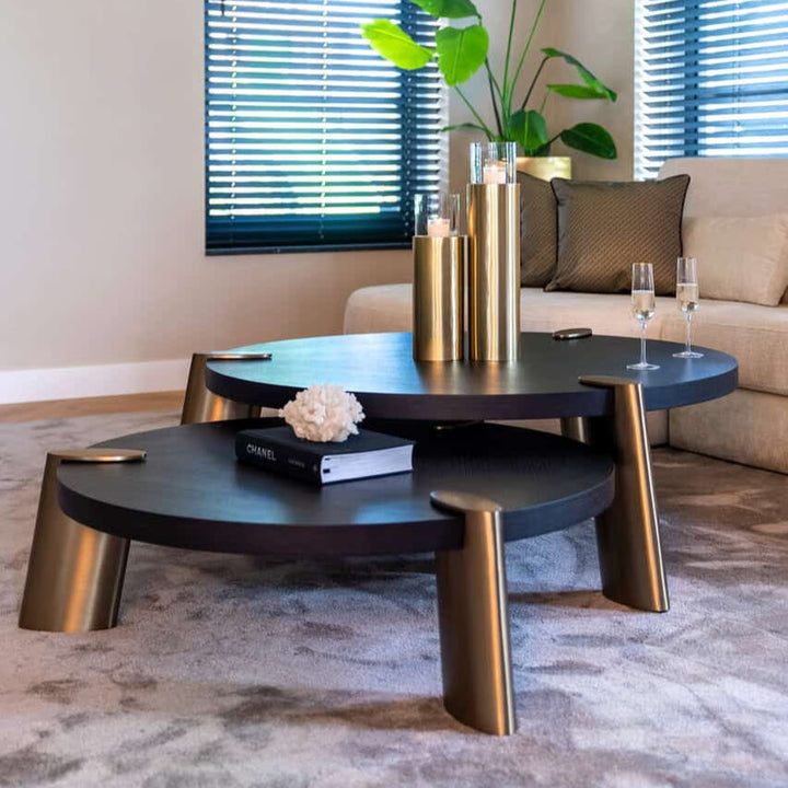 Richmond Interiors Brody Black Oak Wood & Gold Nested Coffee Table | Set Of 2