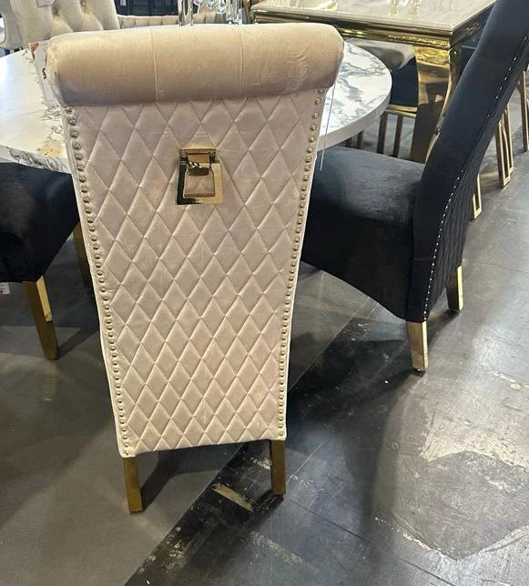 Louis Pandora Gold Marble Dining Table With Lucy Slim Quilted Gold Ring Knocker Velvet Chairs