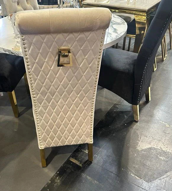 Louis Marble & Gold Dining Table With Lucy Slim Quilted Gold Ring Square Knocker Velvet Chairs