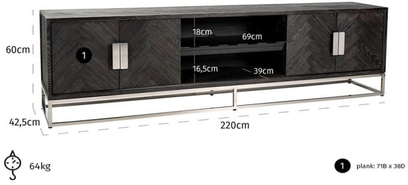Blackbone Black Oak and Silver 4 Door TV Unit - 220cm-Belmont Interiors