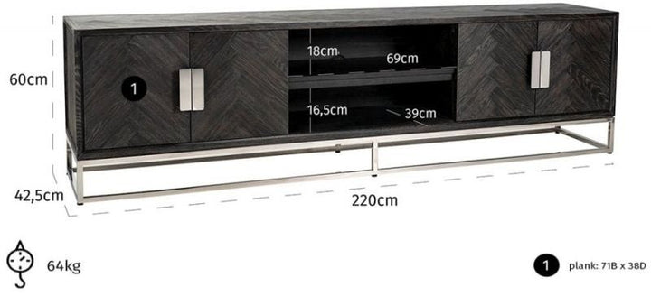 Blackbone Black Oak and Silver 4 Door TV Unit - 220cm-Belmont Interiors
