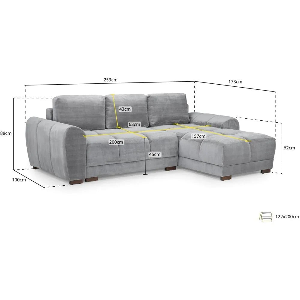 Zara Grey Plush Velvet Universal Corner Sofabed with Storage