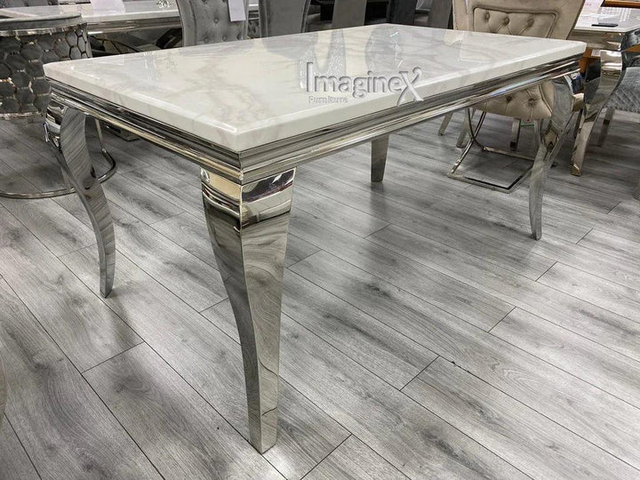 Louis Marble & Chrome Dining Table With Quilted Lion Knocker Velvet Chairs-Esme Furnishings