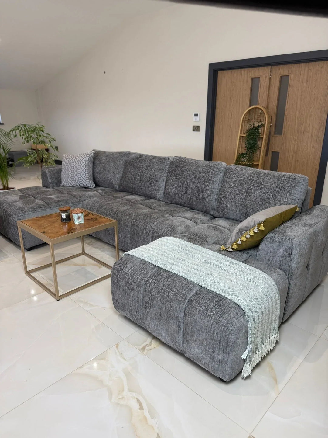 Sena Large Grey Plush Velvet Luxury U Shape Sofabed Sofa