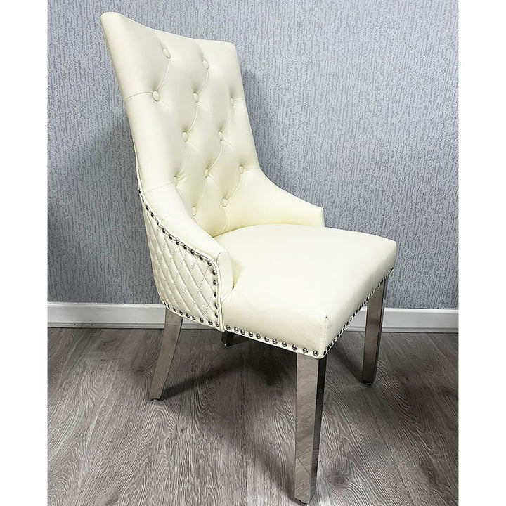 Majestic PU Lion Knocker Quilted PU Cream White Leather Dining Chair Chrome Legs