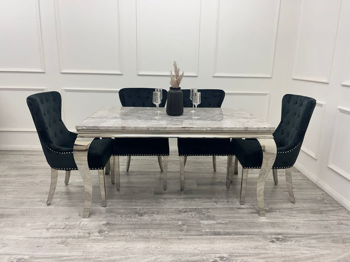 Louis Marble & Chrome Dining Table With Megan Chrome Ring Knocker Velvet Chairs