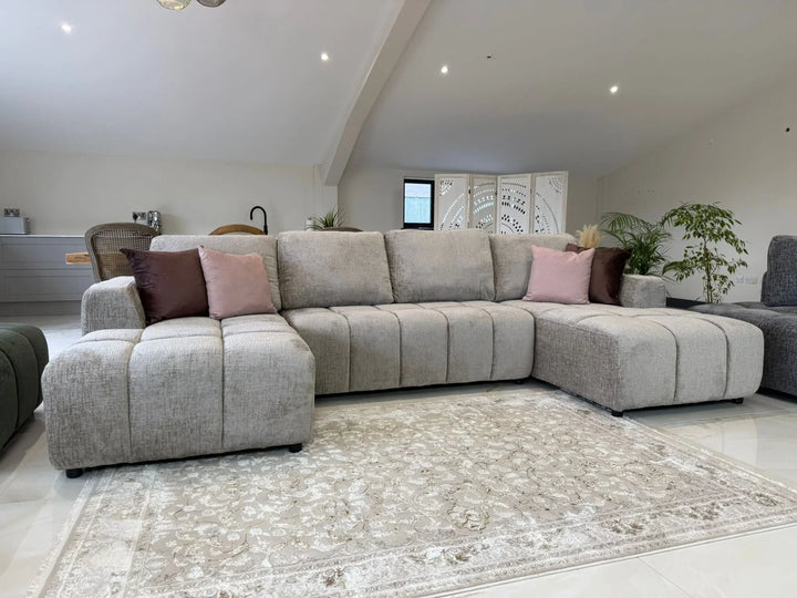 Sena Large Beige Plush Velvet Luxury U Shape Sofabed Sofa