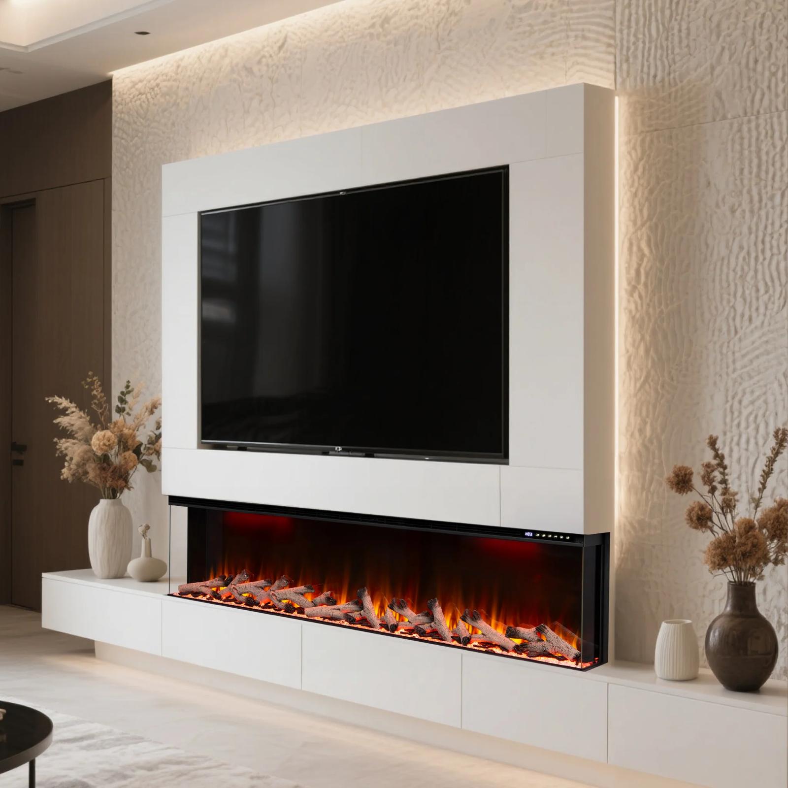50 60 72 80 Inch 2025 Panoramic Smart Alexa Media Wall Fire 3 Sided Glass LED WiFi Electric UHD Fireplace