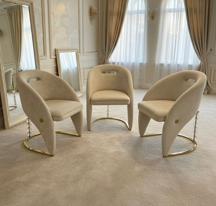 Elina Marble & Gold Dining Table With Vermont Cream Gold Velvet Dining Chairs Crystals