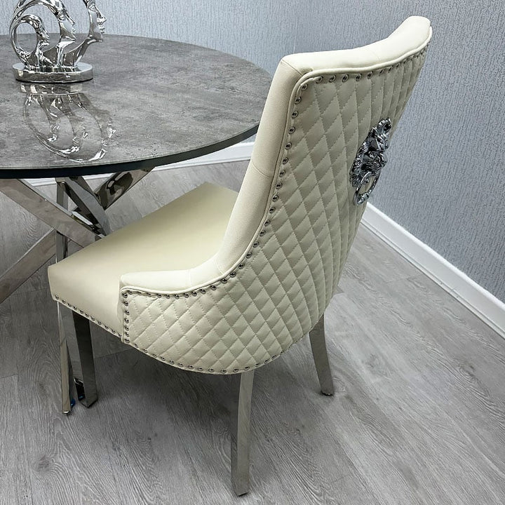 Majestic PU Lion Knocker Quilted PU Cream White Leather Dining Chair Chrome Legs