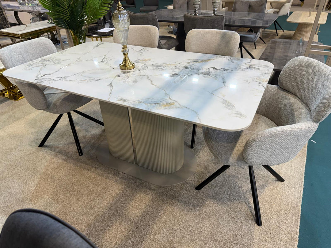 Sydney 160cm Cream Gold Ceramic Marble Dining Table With Sydney Beige Velvet 360 Swivel Dining Chairs