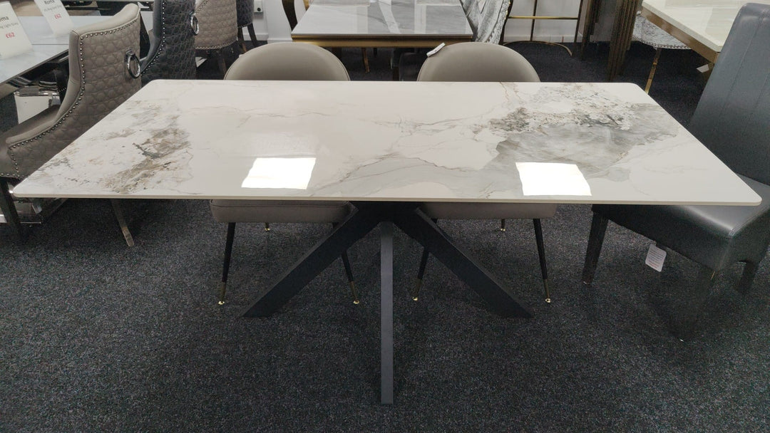 Phoenix 180cm White Ceramic Marble Dining Table With Grey Velvet Black Ring Chairs