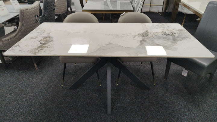 Phoenix 180cm White Ceramic Marble Dining Table With Grey Velvet Black Ring Chairs