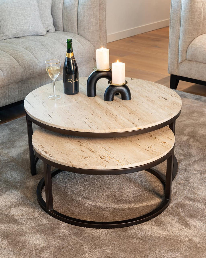 Richmond Interiors Avalon Bronze & Beige Travertine Coffee Table Nest | Set of 2