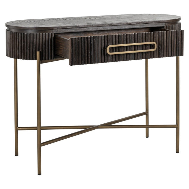 Richmond Interiors Luxor Dark Brown Ribbed Oak Wood & Gold Console Table