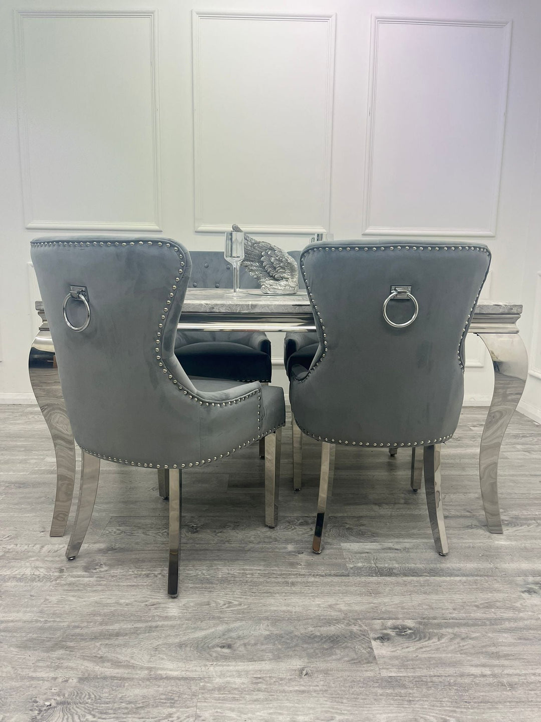 Louis 160cm Marble & Chrome Dining Table With Megan Chrome Ring Knocker Velvet Chairs