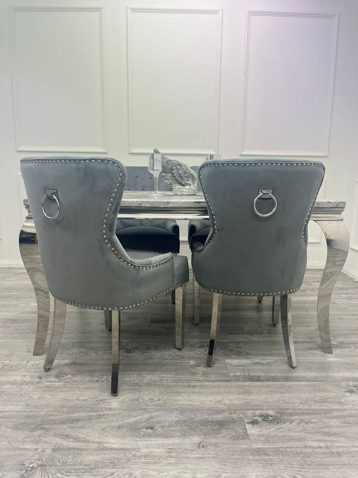 Louis 160cm Marble & Chrome Dining Table With Megan Chrome Ring Knocker Velvet Chairs