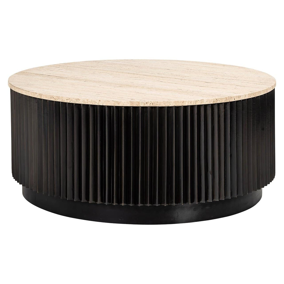 Richmond Interiors Hampton Black Wood & Beige Travertine Round Coffee Table