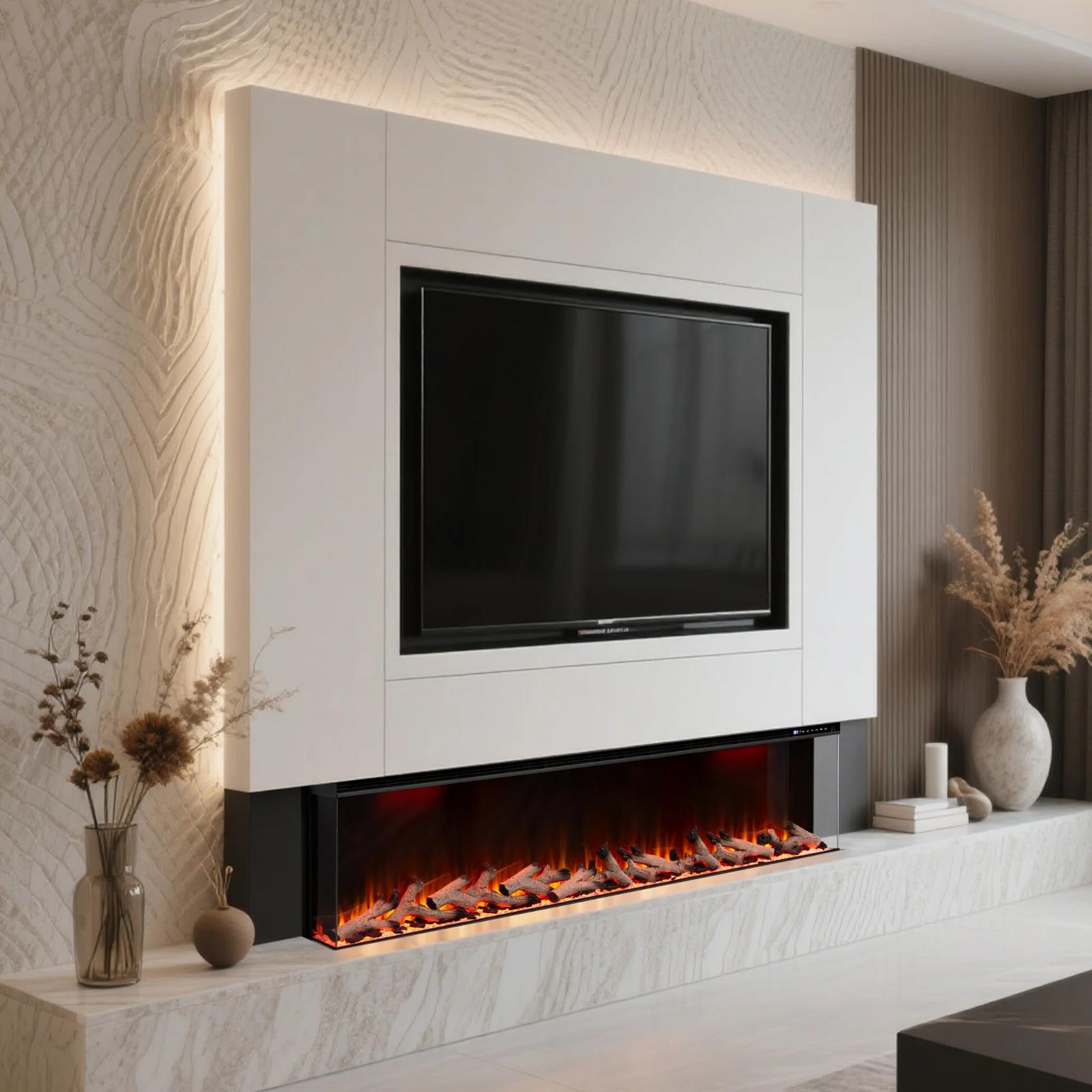 50 60 72 80 Inch 2025 Panoramic Smart Alexa Media Wall Fire 3 Sided Glass LED WiFi Electric UHD Fireplace