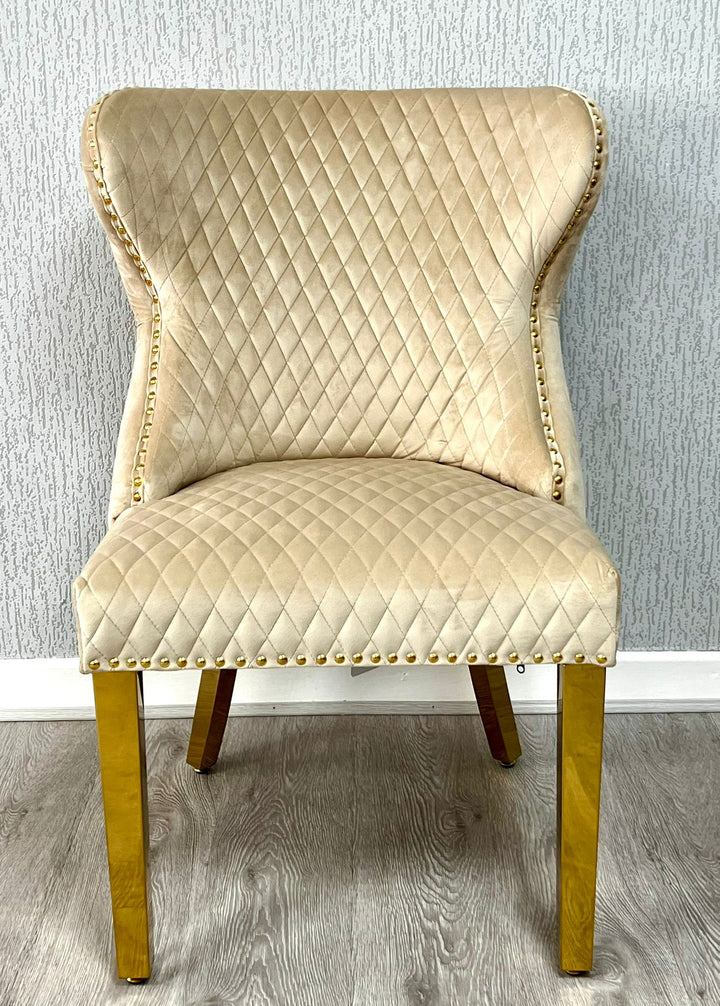 Valentino Gold Lion Knocker Plush Velvet Button Back Dining Chair Gold Legs - 2 Colours