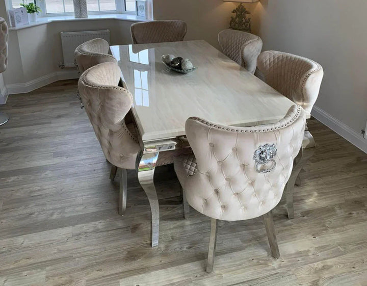 Louis Marble & Chrome Dining Table With Valentino Lion Knocker Velvet Chairs
