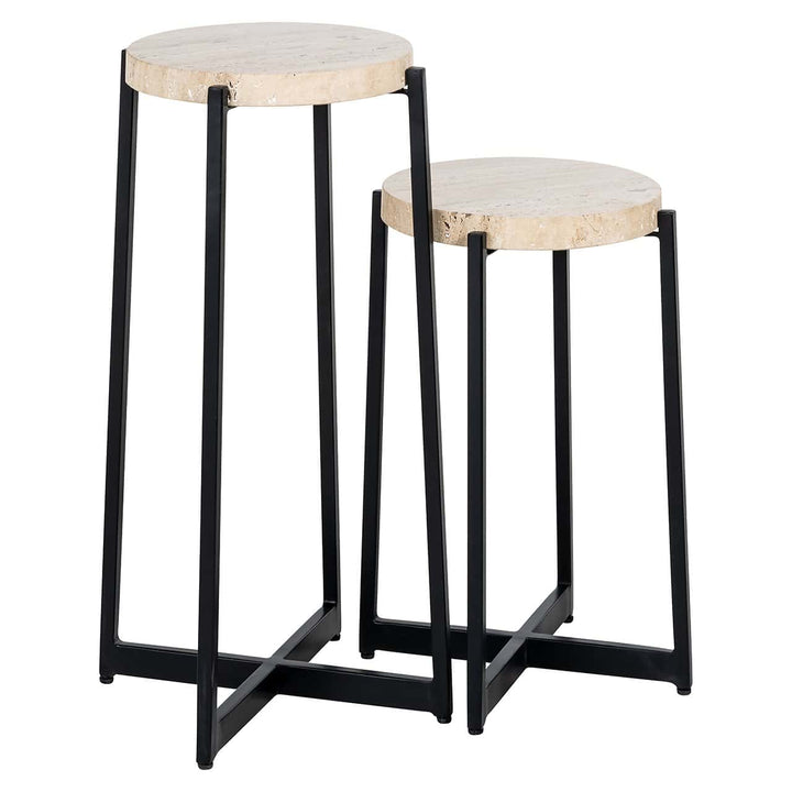 Richmond Interiors Dillinger Beige Travertine & Black Round Side Tables | Set of 2