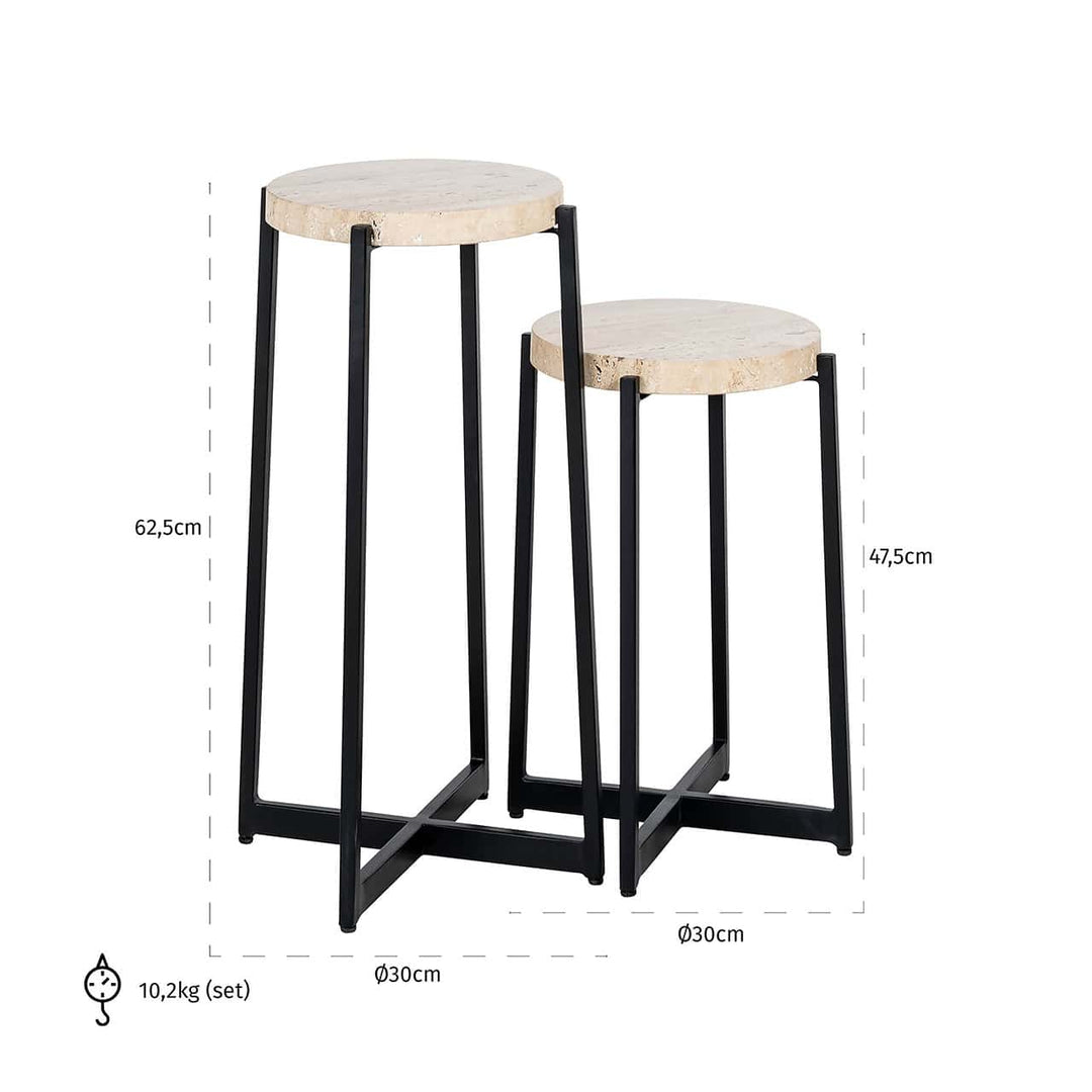 Richmond Interiors Dillinger Beige Travertine & Black Round Side Tables | Set of 2