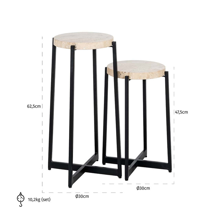 Richmond Interiors Dillinger Beige Travertine & Black Round Side Tables | Set of 2