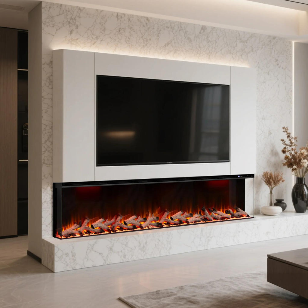 50 60 72 80 Inch 2025 Panoramic Smart Alexa Media Wall Fire 3 Sided Glass LED WiFi Electric UHD Fireplace